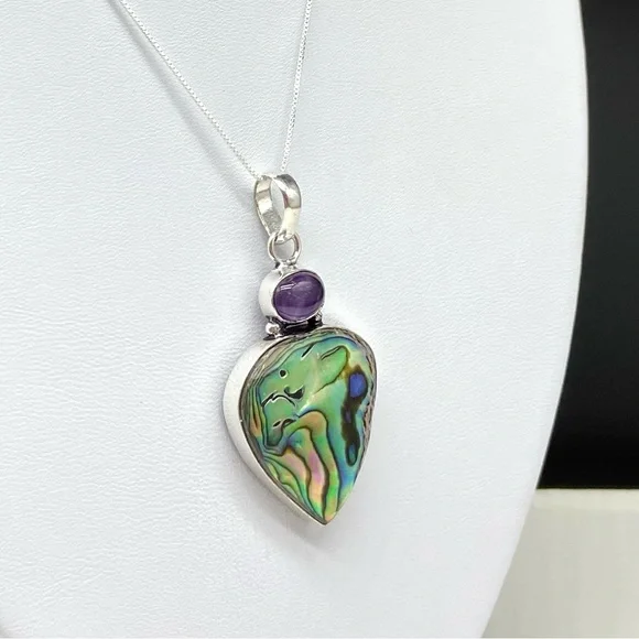 Abalone Shell & Amethyst Crystal Necklace Pendant Sterling Silver 925 Jewelry - Picture 5 of 7